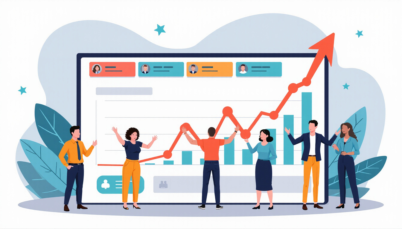 Sales dashboard with upward graphs, shortened call timers, confident diverse team celebrating success