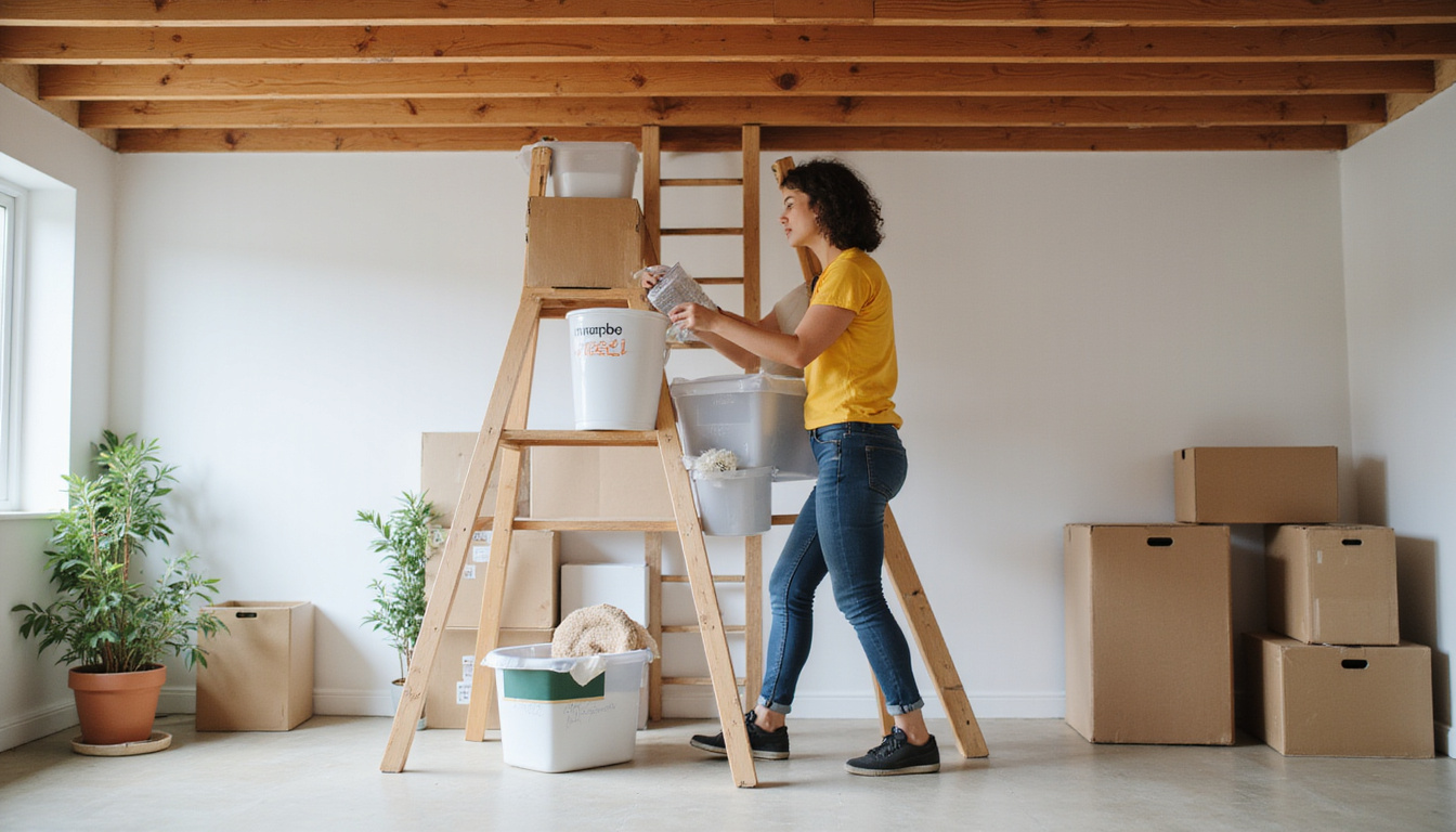  Person hauling labeled storage bins down wooden ladder, sorting, donation boxes, clear floor, tidy rafters