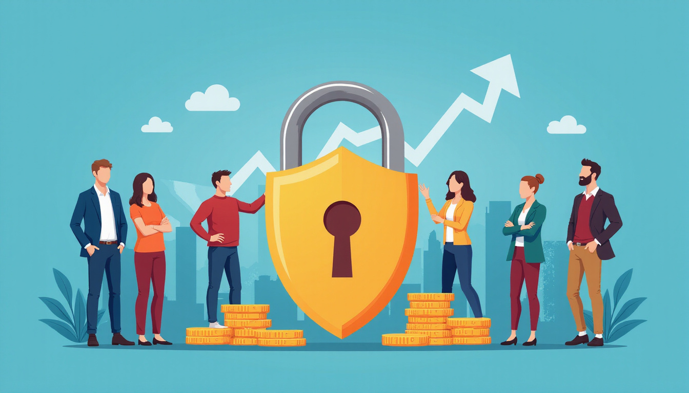  Diverse happy customers surrounding shield-shaped data lock, coins and graph arrows pointing upward