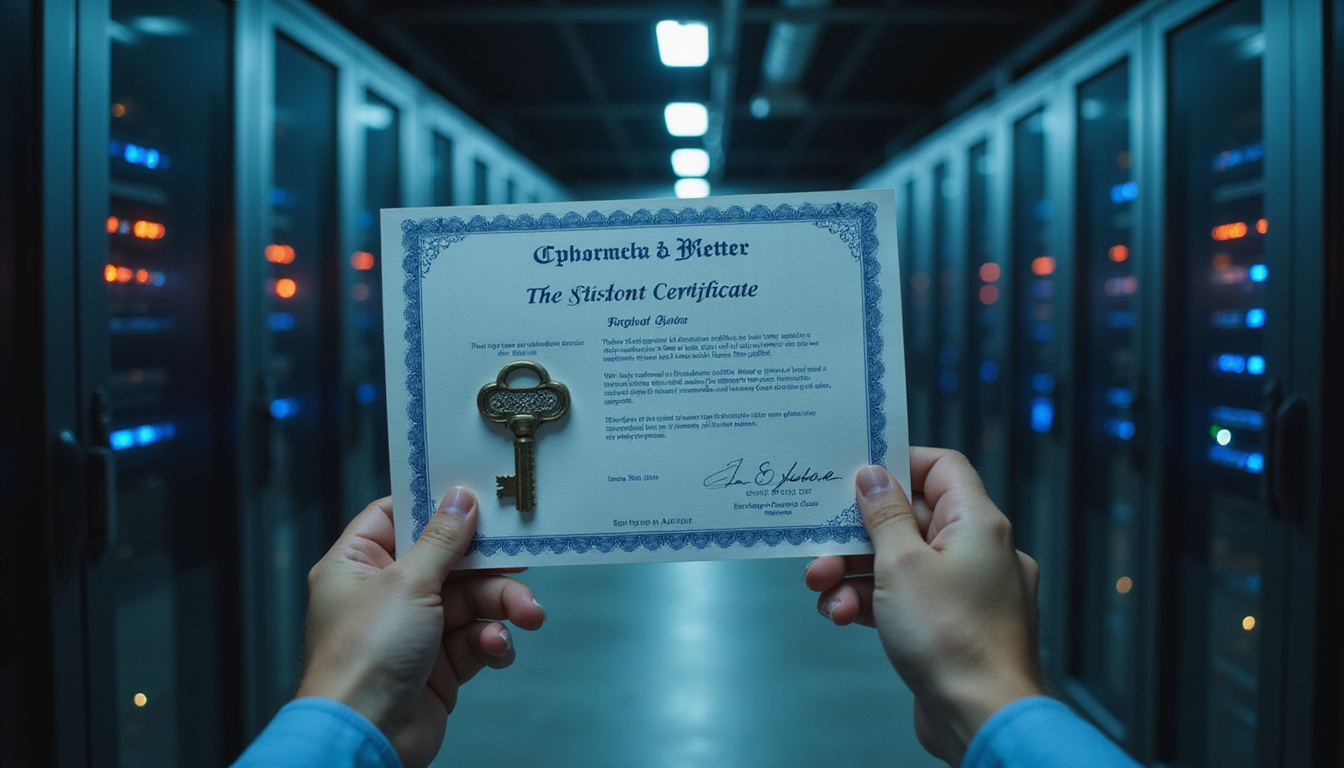  Close-up hands holding encrypted certificate, antique key, blueprint, dimly lit server room background