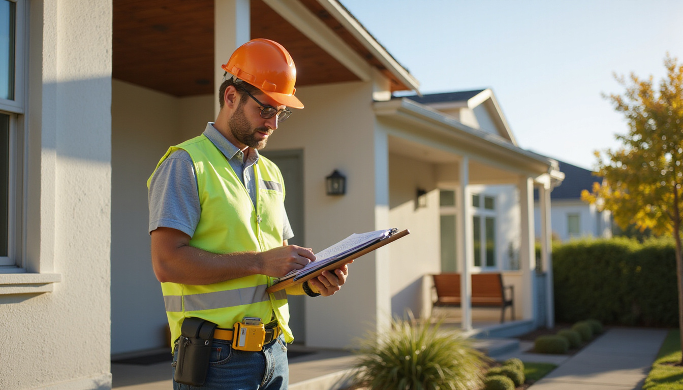  Inspector with clipboard measuring attic, warning signs, stamped permit visible, sunlit suburban house exterior
