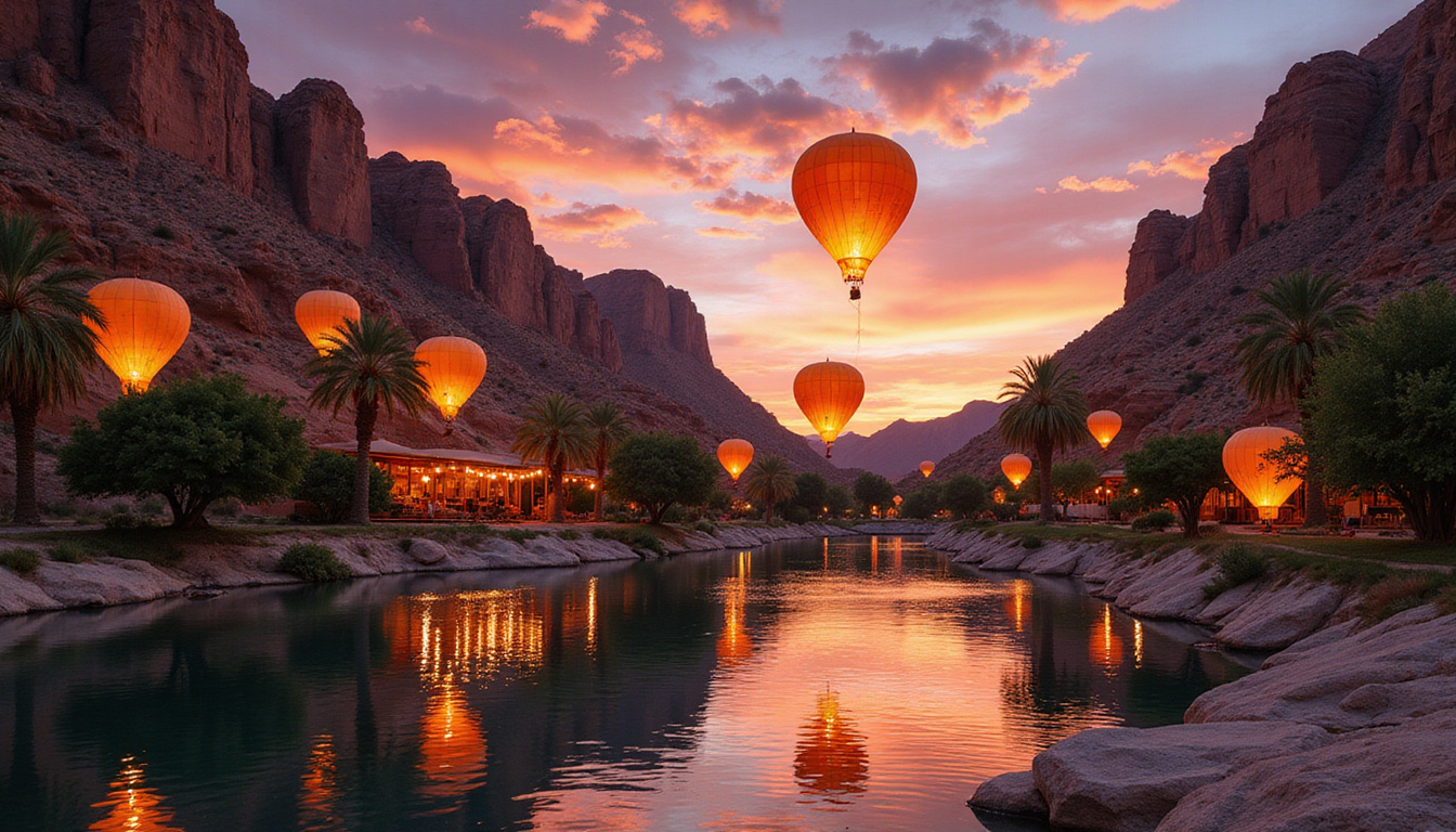  Crew lowering lanterns under desert cliffs, tranquil river reflections, palm-lined quiet villages, sumptuous linens