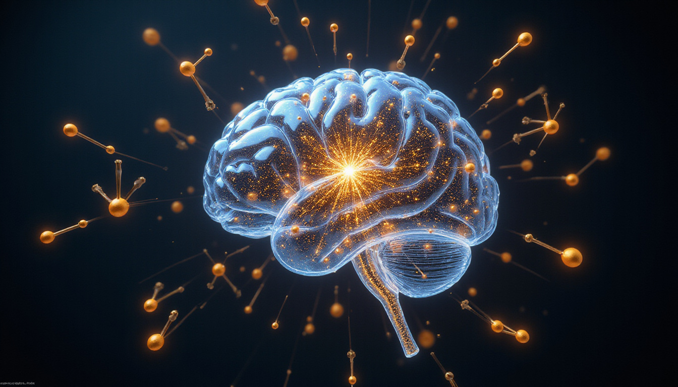  Transparent brain with golden neural sparks, ketone molecules orbiting, minimalist studio lighting