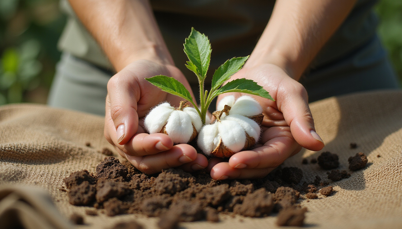  Hands planting cotton seedlings, sustainable fashion label, earthy tones, textured fabric close-up