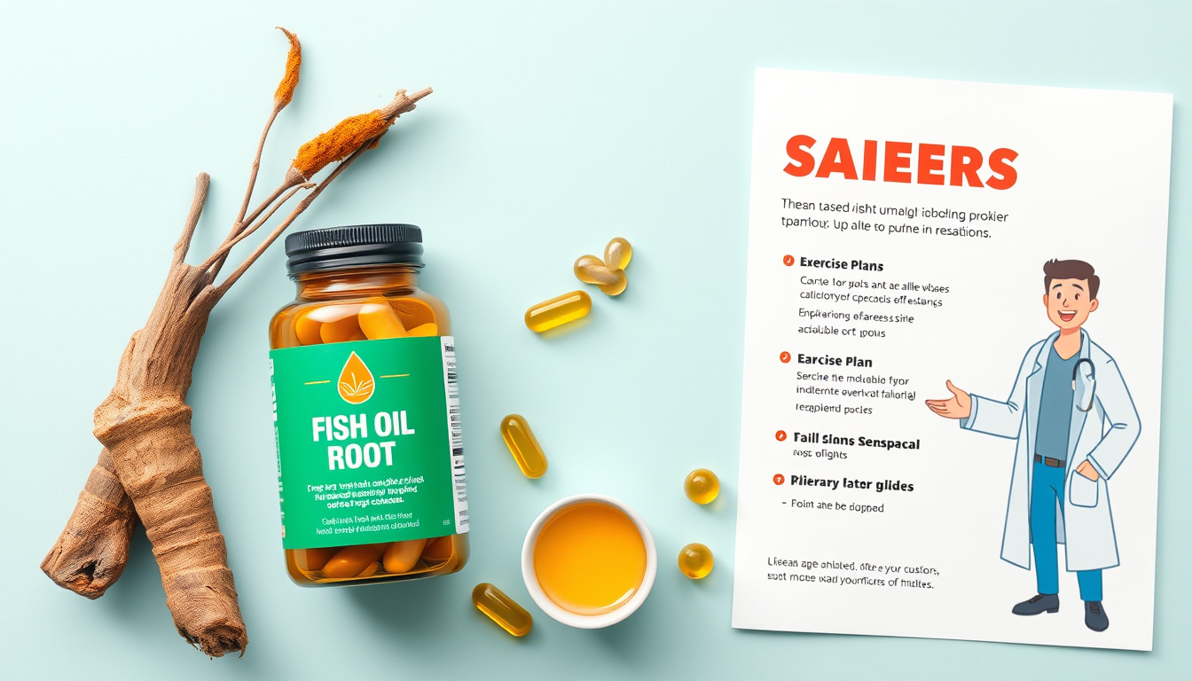  Flat lay of safer options: turmeric root, fish oil capsules, exercise plan, friendly doctor illustration