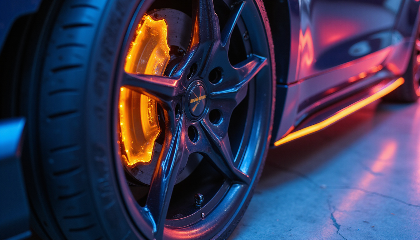  Close-up wheel and adaptive damper, dynamic airflow visualization, glowing sensors, photorealistic studio lighting