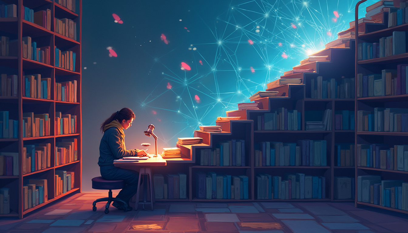 Focused learner ascending staircase of skills: books, code, piano, microscope, glowing synapses