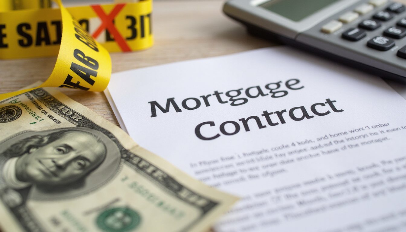  Close-up of mortgage contract, calculator, caution tape and red X, pile of cash