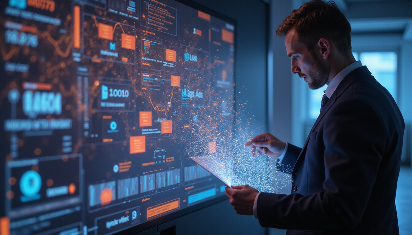  Trader in suit manipulating holographic smart contracts, cascading token streams, futuristic financial warroom