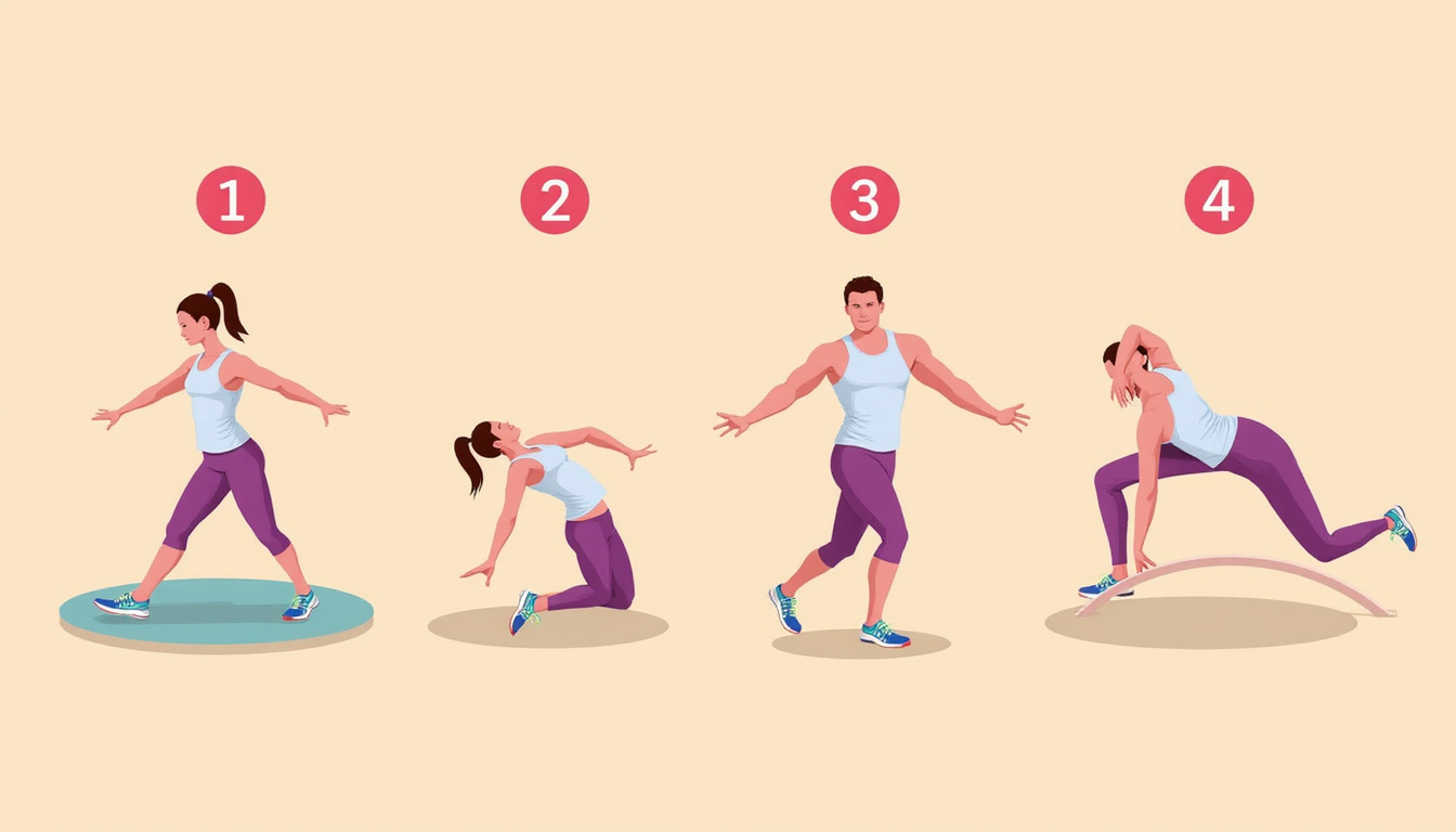 Clean infographic style, step-by-step poses, highlighted muscles, warm pastel palette
