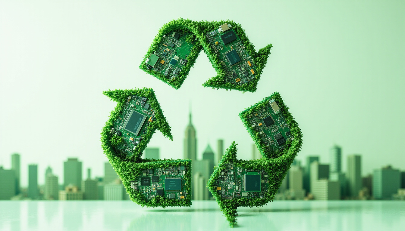 Giant recycling symbol formed from circuit boards and screens, green city skyline, reduced e-waste