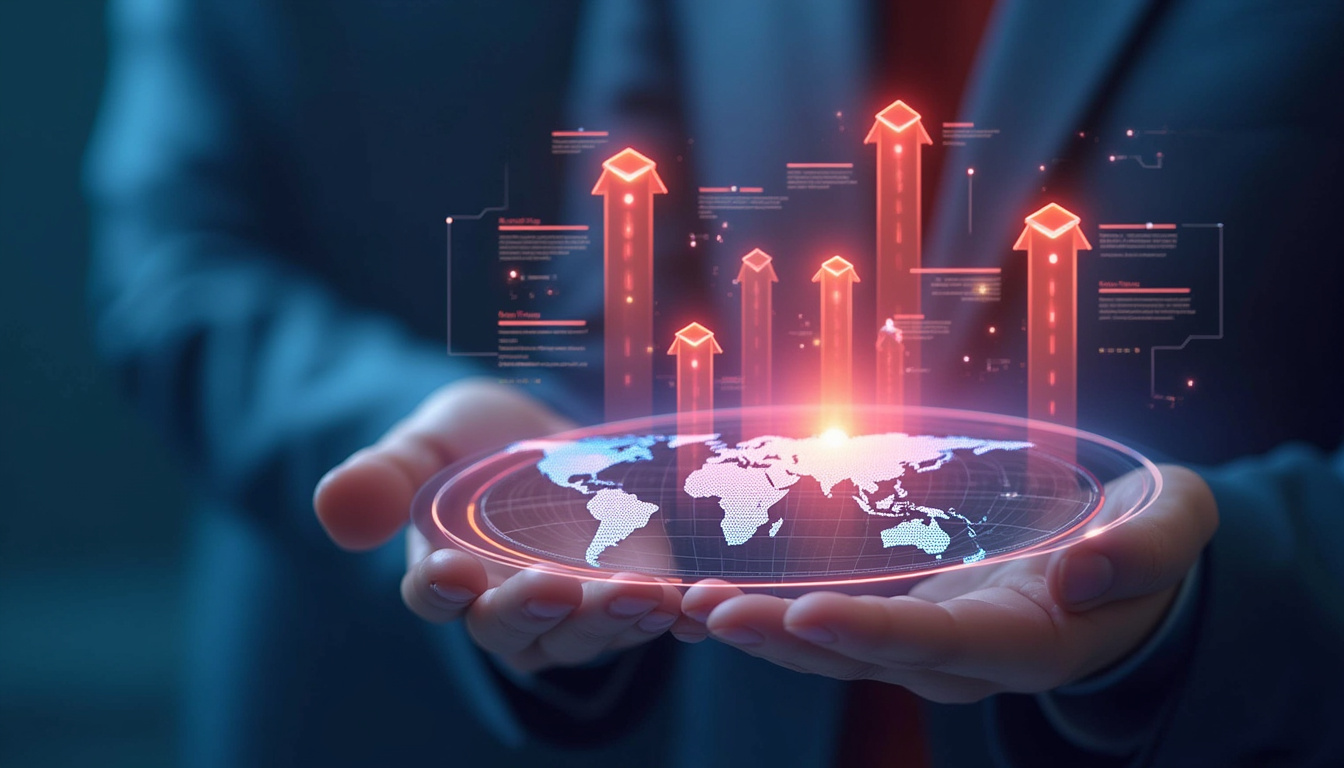  Futuristic AI answering service hologram, global map, multilingual icons transforming into upward sales arrows