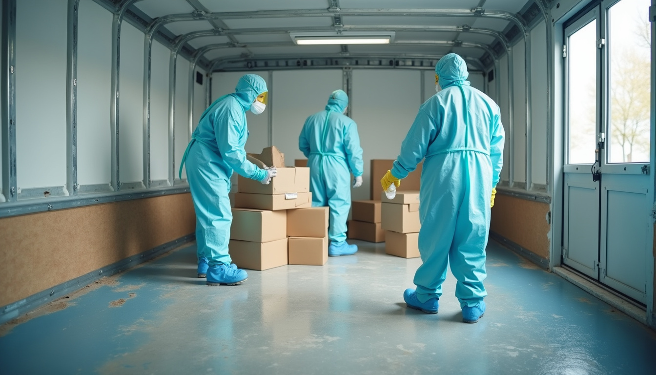 Clean room restoration team removing contaminated materials, bright sterile van, urgent focused expressions