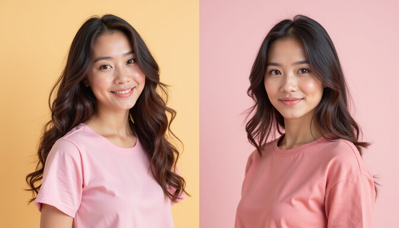  Before-and-after split portrait, hairstylist shaping baby hairs, pastel background, gentle confident expression