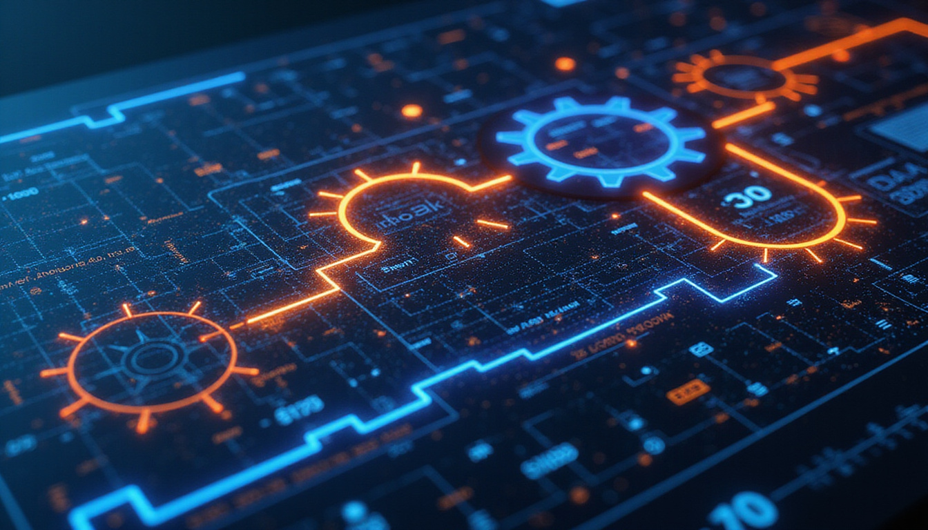  Futuristic workflow dashboard, gears, pipelines, diverse team coordinating scalable content production with glowing data streams