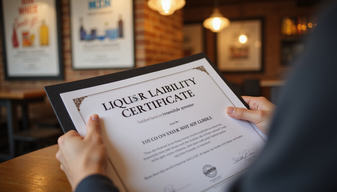 Close-up of hands presenting liquor liability certificate, law book, responsible service posters, warm lighting