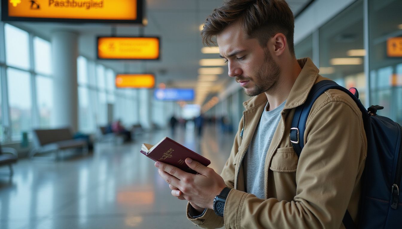  Close-up of anxious traveler checking passport and visa, colorful luggage tags, directional airport signs, high contrast