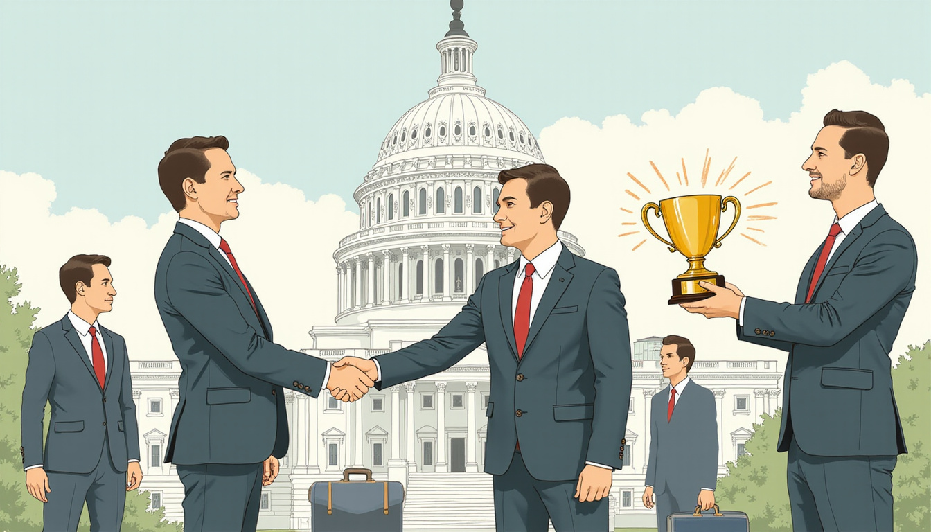  Small business consultants celebrating handshake in front of Capitol, flowchart, briefcases, golden contract trophy