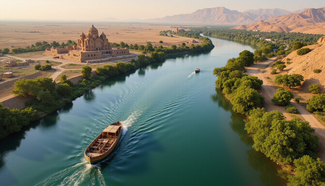 Aerial view of winding Nile route, lush banks, ancient temples, ornate dahabiya gliding peacefully