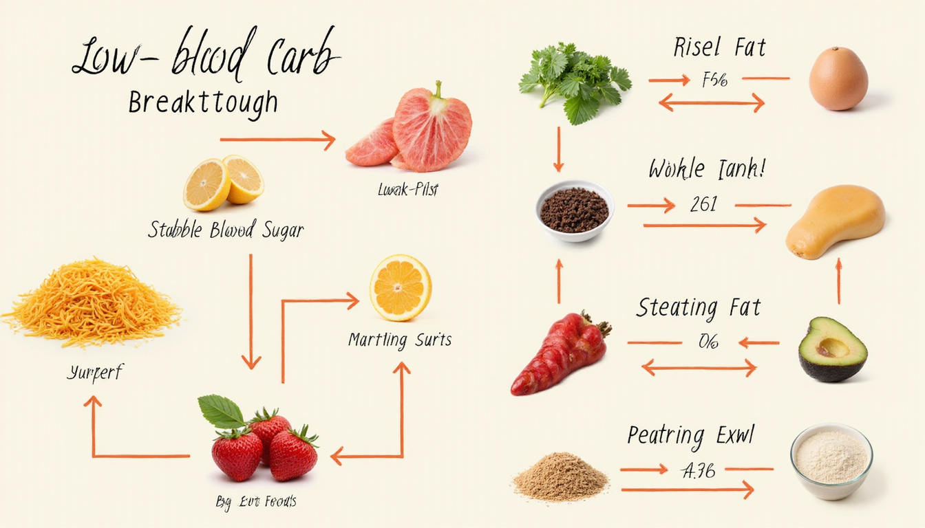  Laboratory breakthrough infographic, low-carb foods, arrows showing stable blood sugar and steady fat-burning