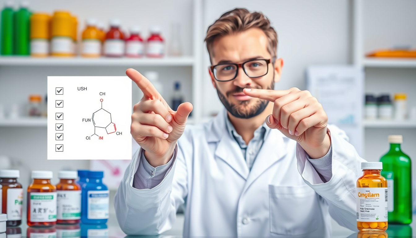  Laboratory scientist pointing at molecular formula diagram beside checkmarks, supplement bottles, clinical report