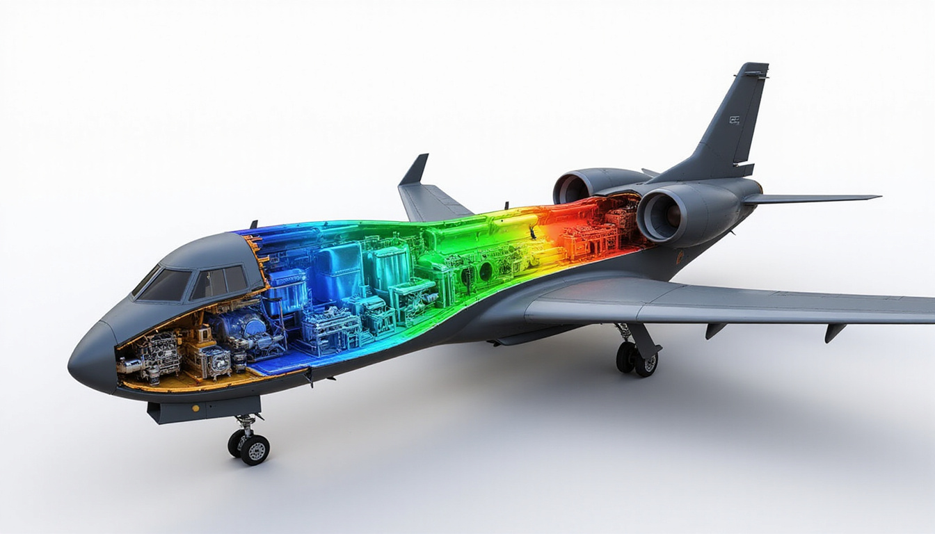  Cross-sectional view, layered aero-optimized composite panel, strain mapping colors, sleek aircraft background