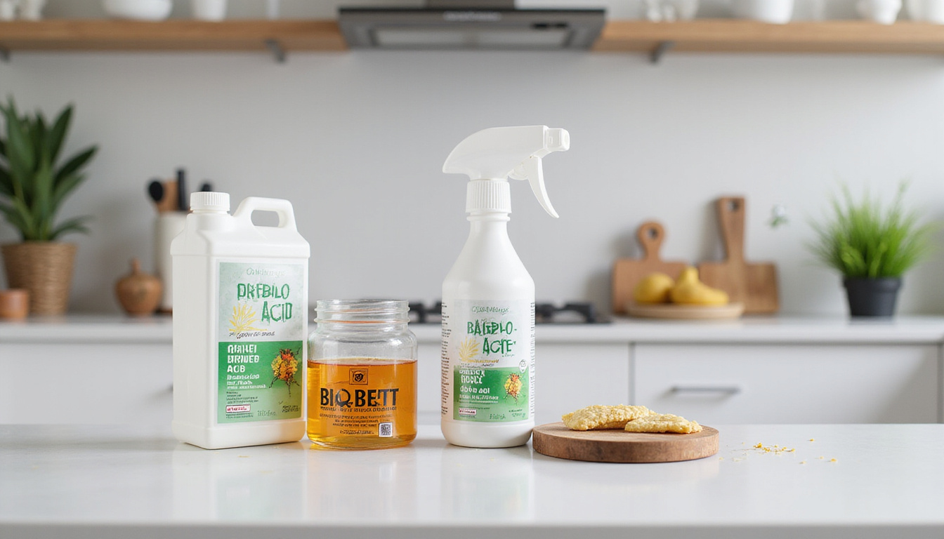  Affordable pest-control kit on countertop: gel bait, boric acid, spray bottle, clean modern kitchen