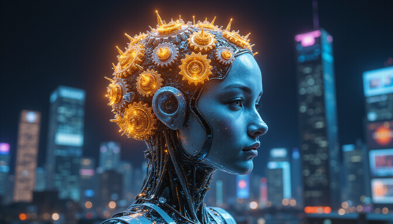 Hybrid AI agent as golden circuit brain and crystalline symbolic gears, neon city backdrop, high-detail