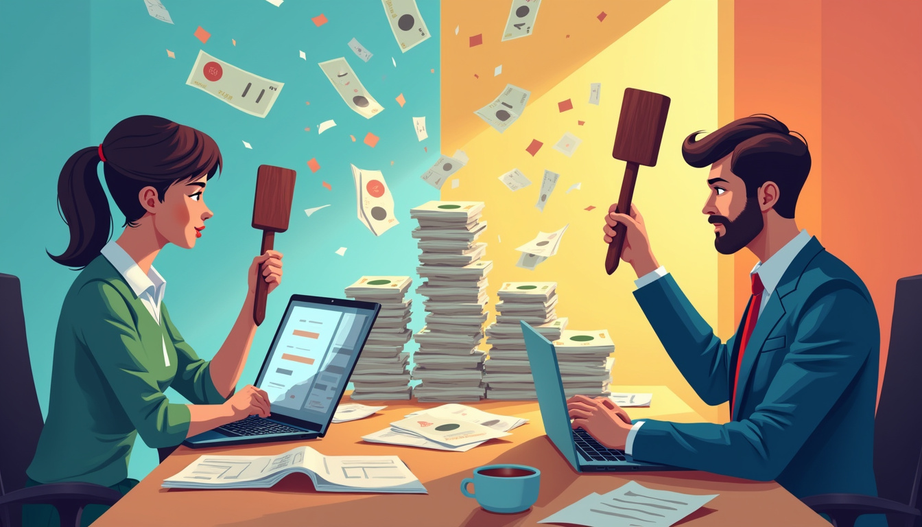 Dramatic bidding war scene, auction paddles, stacked offers, spreadsheets, calm agent strategizing with laptop