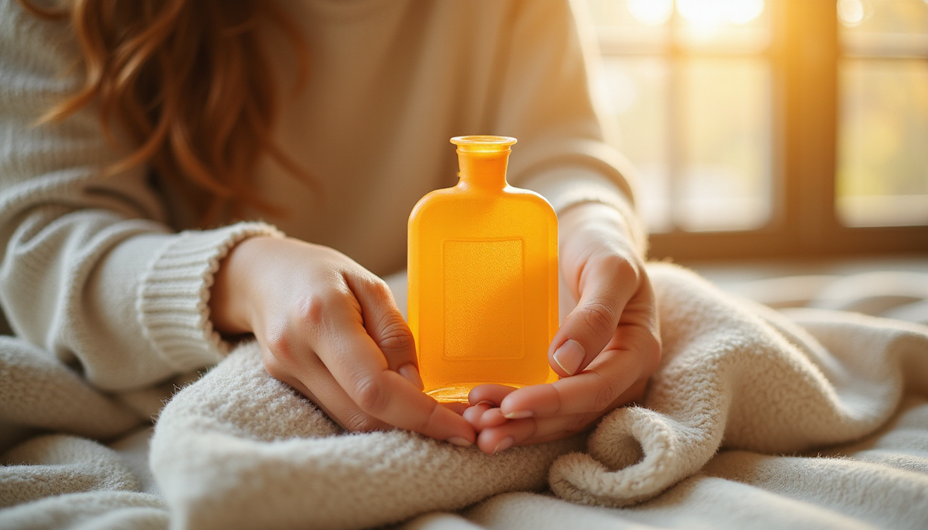  Close-up of hands holding hot water bottle, soft wool blanket, soothing golden tones, recovery icons
