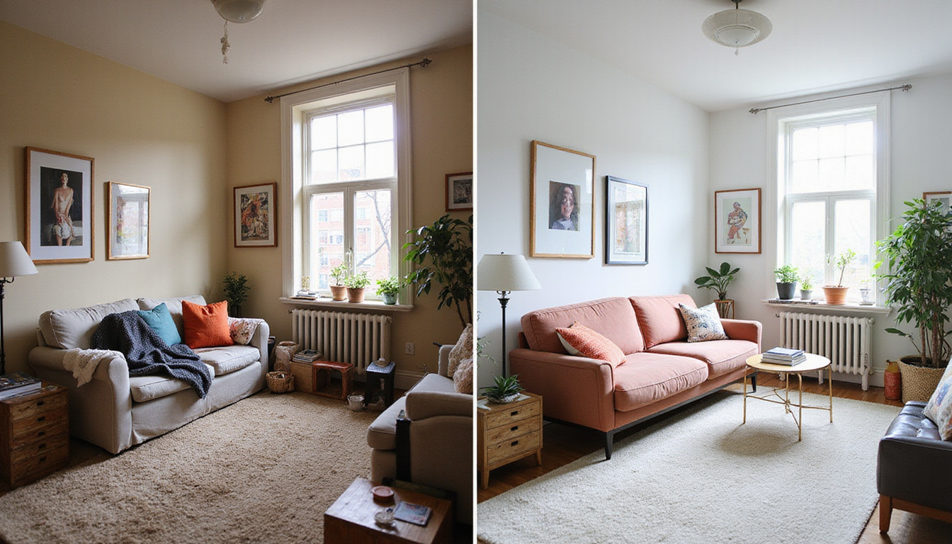 Before-and-after split image: messy hoarder apartment transformed into sparkling minimalist space, smiling expert