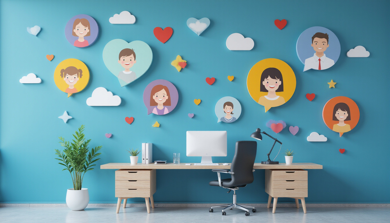 Modern call center desk morphing into flourishing customer community, heart-shaped icons and satisfied faces