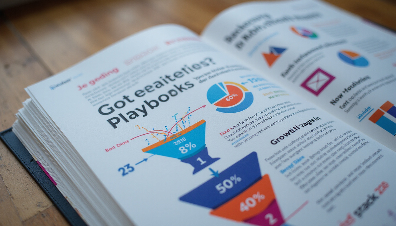 Close-up open playbook with annotated growth tactics, funnel diagrams, KPI visuals, neon highlights