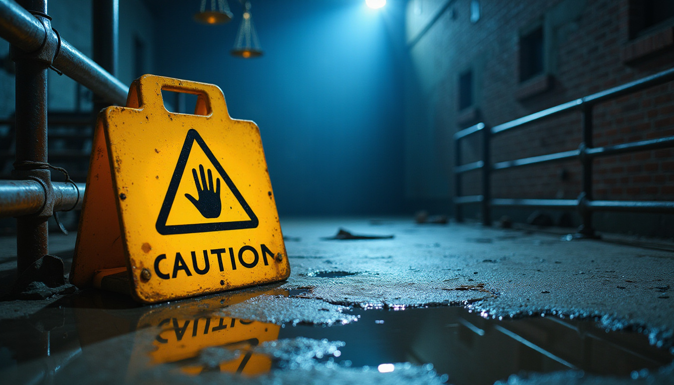  Broken handrail puddle caution sign lit by dramatic spotlight justice scales in background