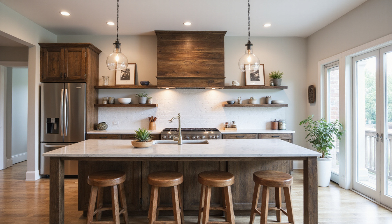  Cozy farmhouse kitchen island reclaimed wood base marble top open shelving warm pendant lights