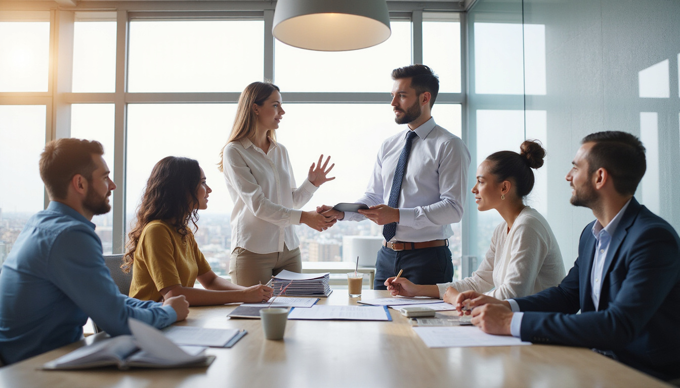  Contracting Officer Representative handing contract folder to diverse team, compliance checklist, government seal, modern office