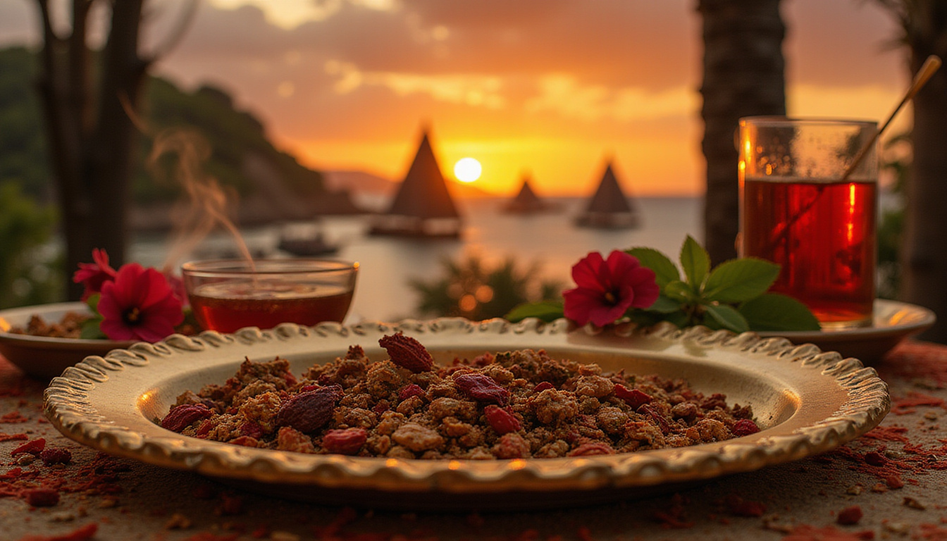  Close-up decadent Egyptian feast, brass serving trays, spices steaming, hibiscus tea, felucca sails silhouetted