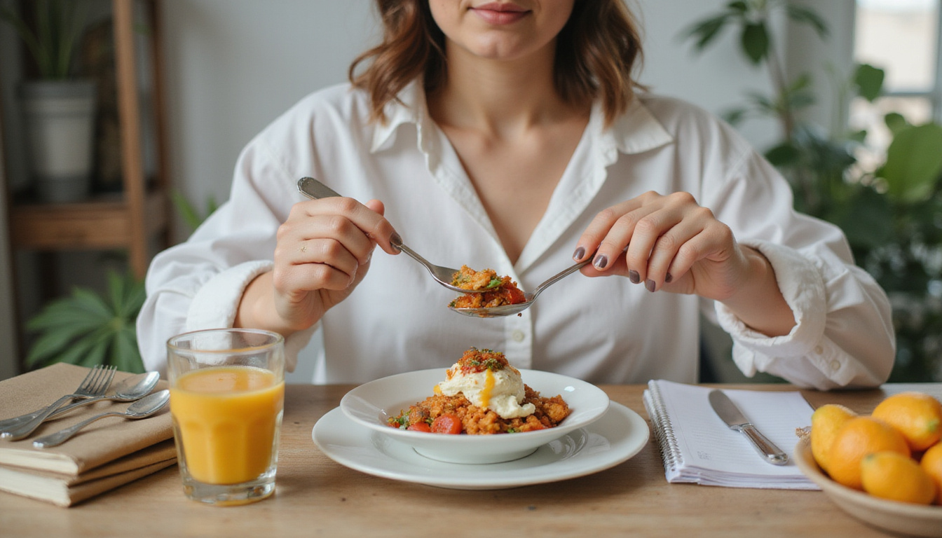 Mindful woman using small utensils, breathing before bite, food journal and water glass nearby