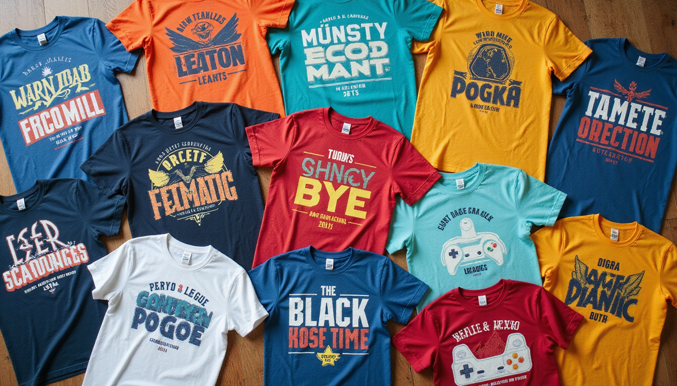 Plano de diez camisetas ecológicas dispuestas en círculo, textura de algodón orgánico, paleta de tintes botánicos.