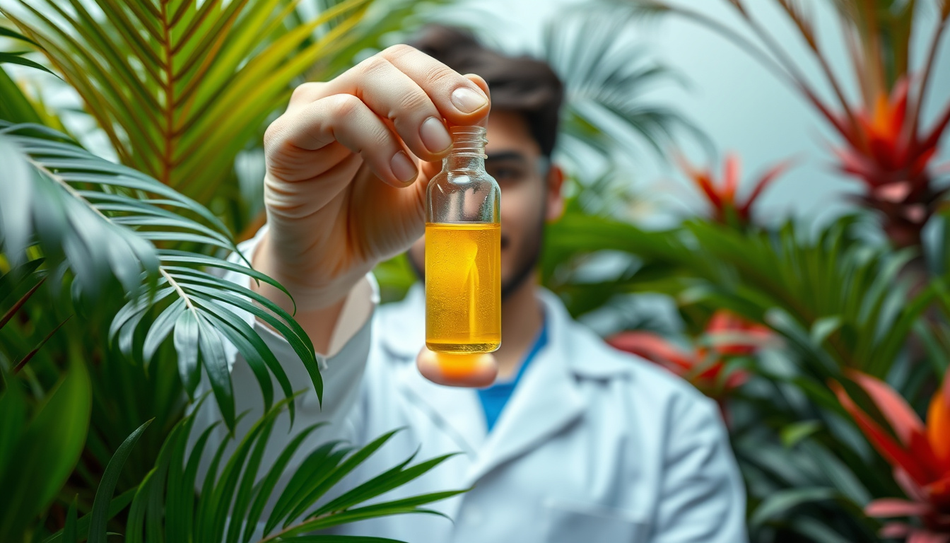  Scientist holding translucent bromelain vial amid tropical foliage, microscopic healing cascade visualization