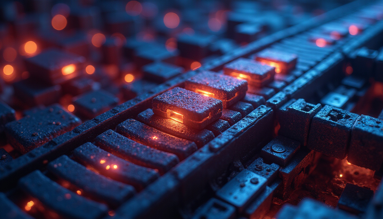 abstract blockchain ledger as conveyor belt, dark bots rearranging glowing transaction blocks, high contrast