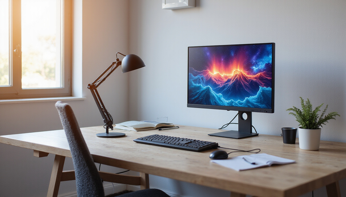 Productivity montage: posture-correcting visuals, cable management, vertical monitor, soft natural light