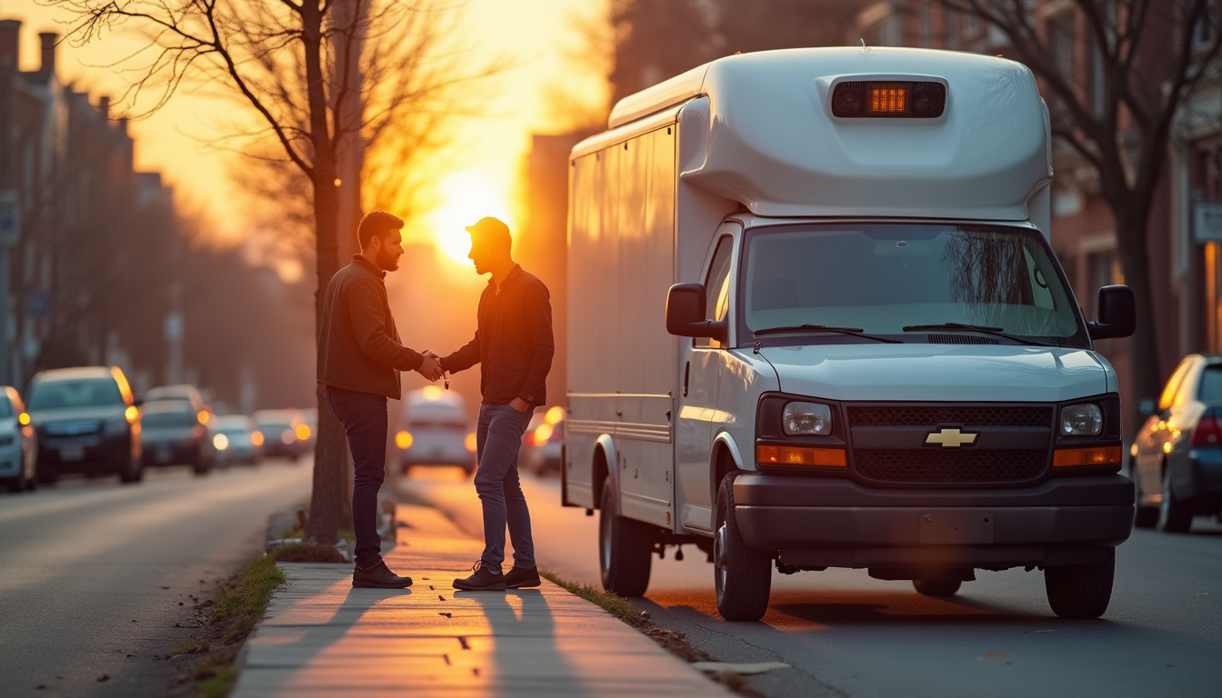  Affordable reliable pickup van parked curbside, customer handing keys, urban neighborhood sunrise