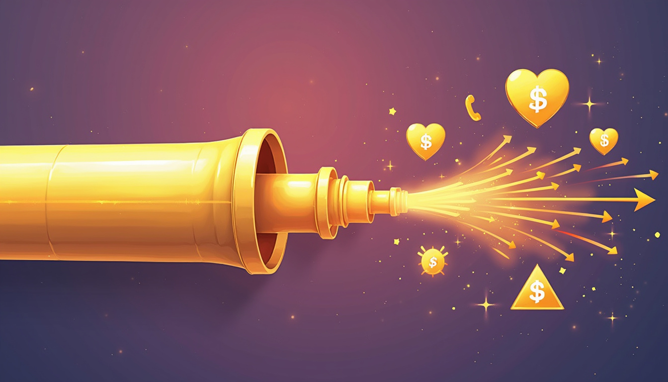 Golden pipeline sealing churn leaks, friendly agents, phones morphing into heart icons, upward arrow metrics