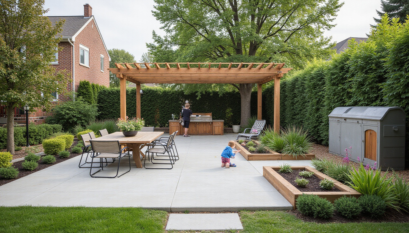 Transformed backyard: sleek patio, raised garden beds, compost bin, pergola, children playing