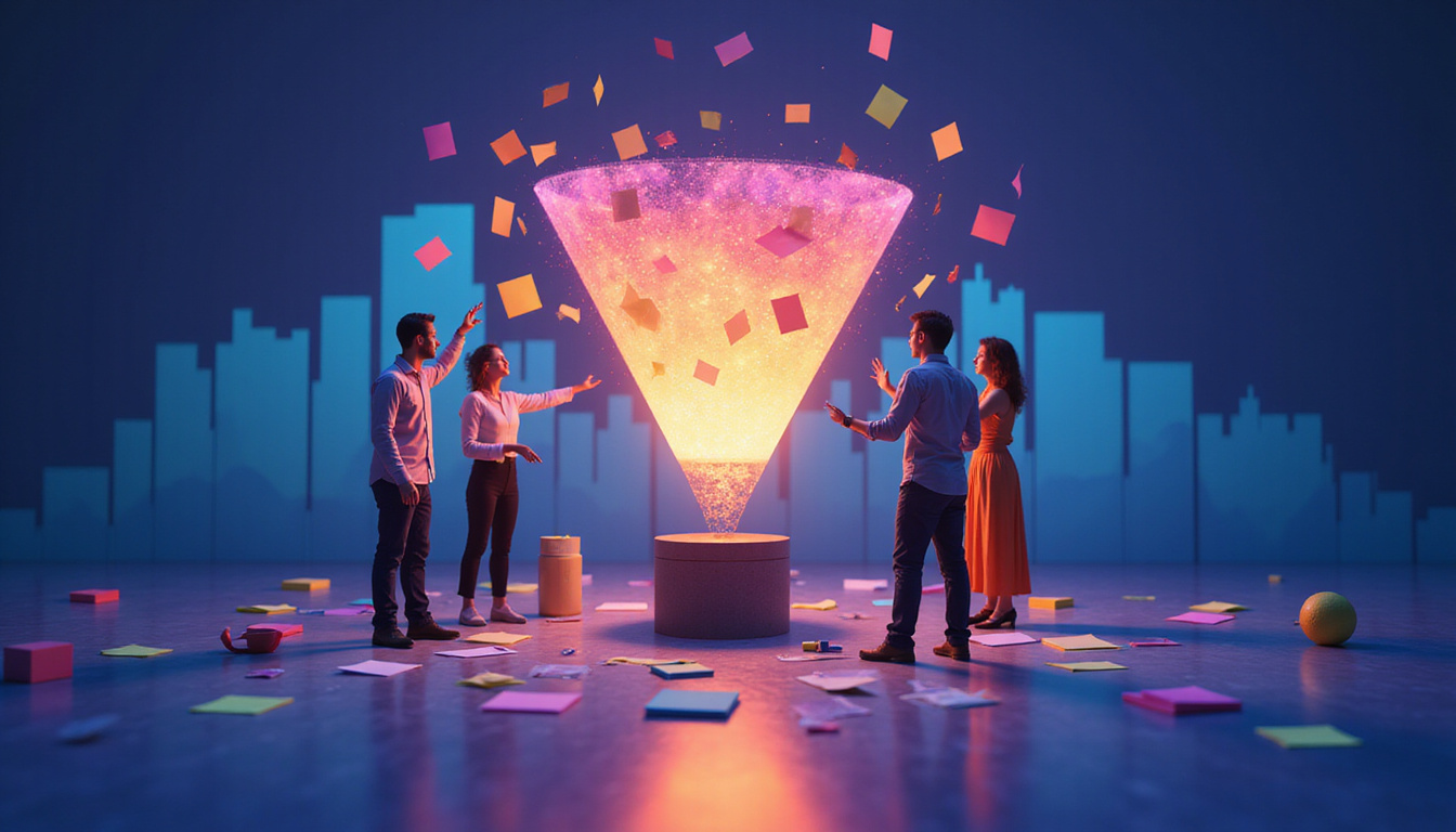 Marketing team around glowing A/B test funnel, sticky notes, exploding revenue charts