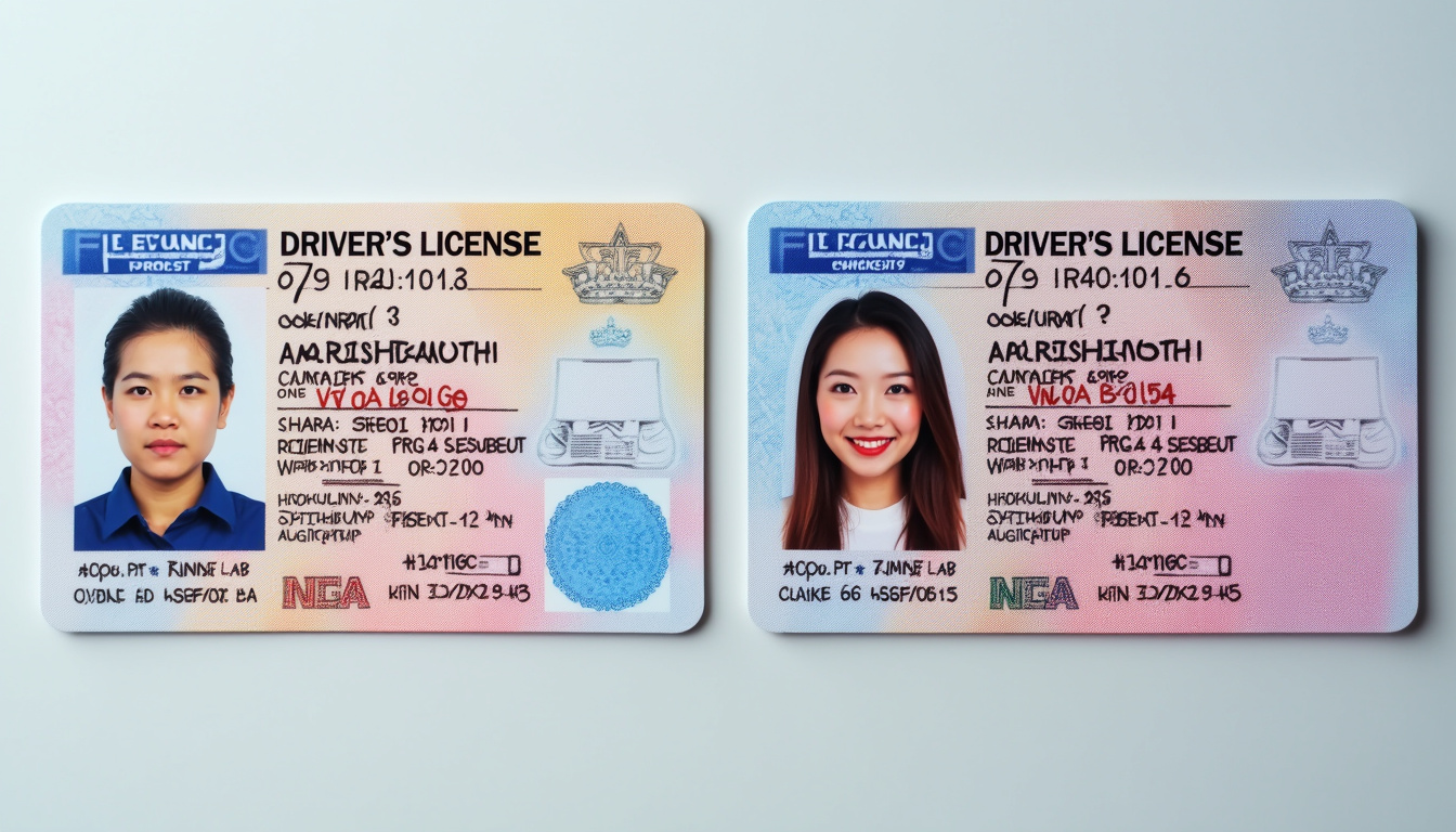  Side-by-side genuine and counterfeit driver’s licenses, microscopic security threads, digital overlay comparison