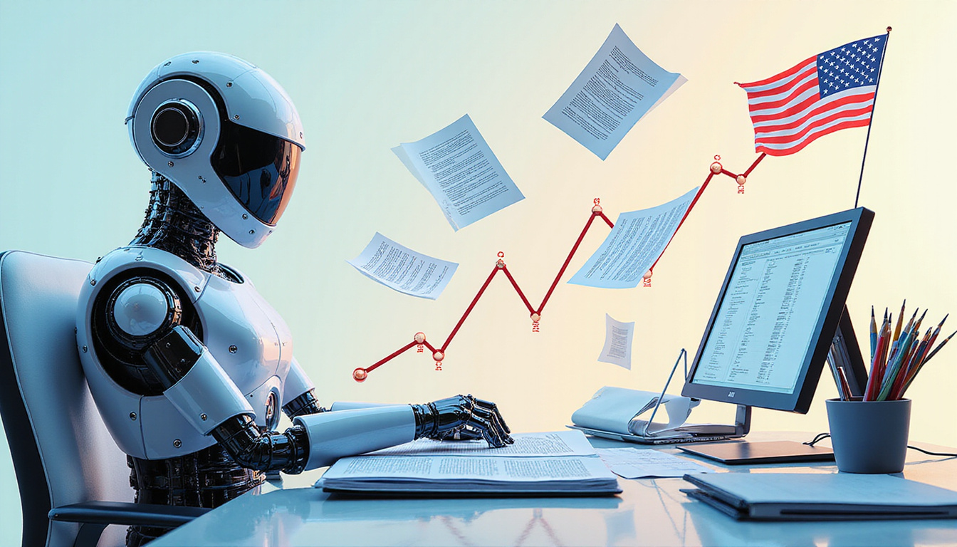  Futuristic robotic assistant drafting government proposals, flying documents, rising win-rate graph, USA flag