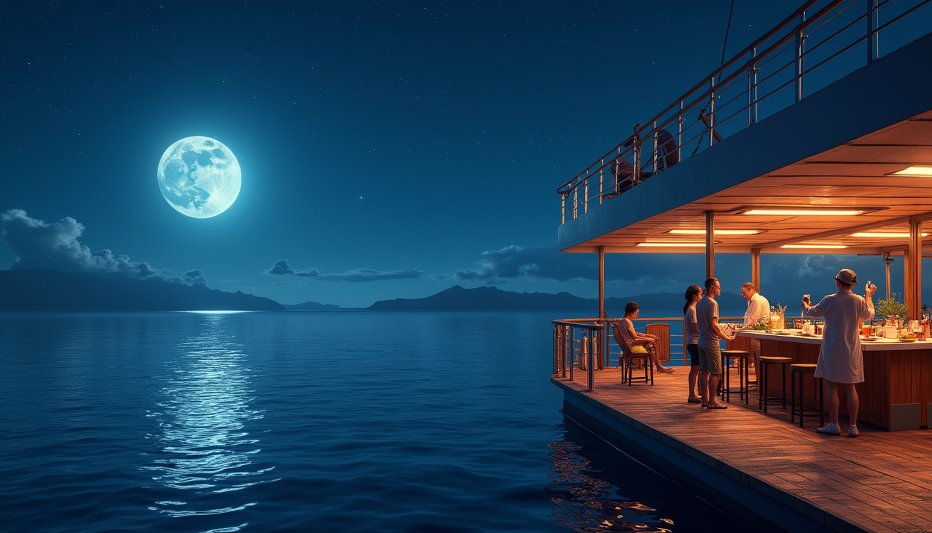 Moonlit deck with crew serving tea, travelers photographing reflections, starry sky, serene atmosphere