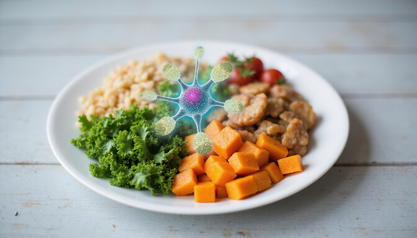 Healthy plated meal, colorful vegetables and whole grains, insulin receptor diagram hologram above
